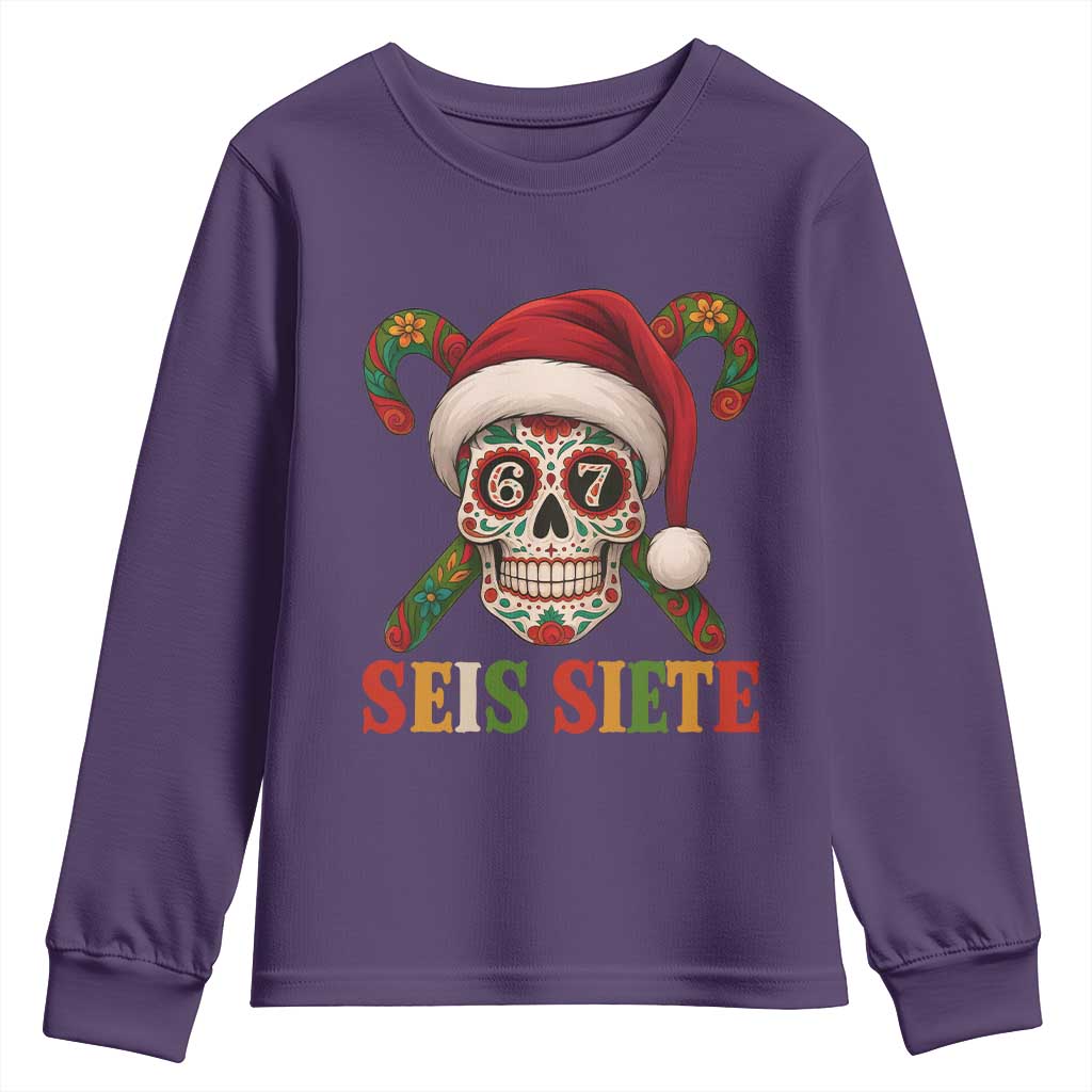Seis Siete Christmas Meme Youth Sweatshirt Sugar Skull 67 Santa Hat Candy Canes - Wonder Print Shop