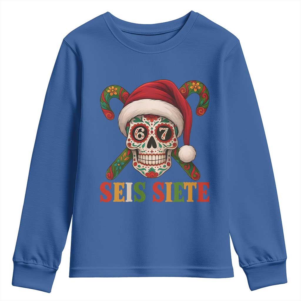 Seis Siete Christmas Meme Youth Sweatshirt Sugar Skull 67 Santa Hat Candy Canes - Wonder Print Shop