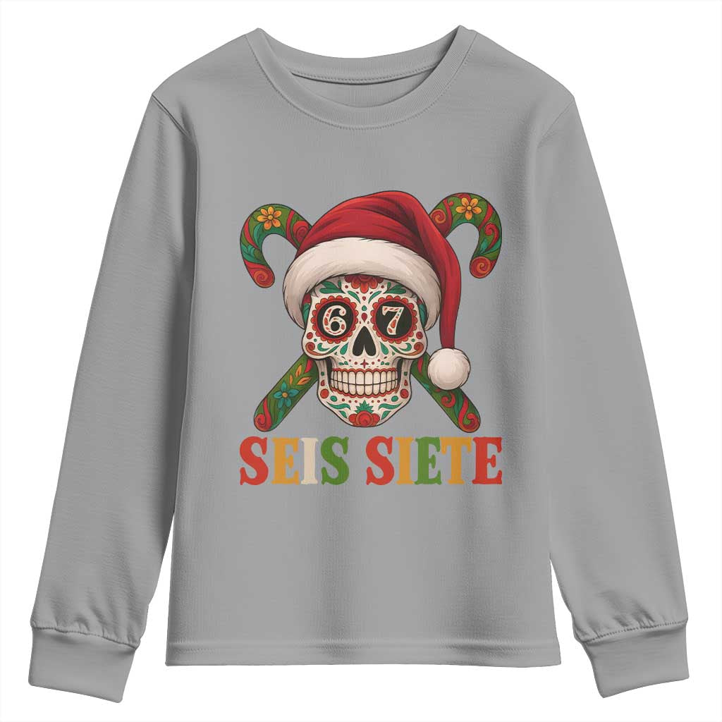 Seis Siete Christmas Meme Youth Sweatshirt Sugar Skull 67 Santa Hat Candy Canes - Wonder Print Shop