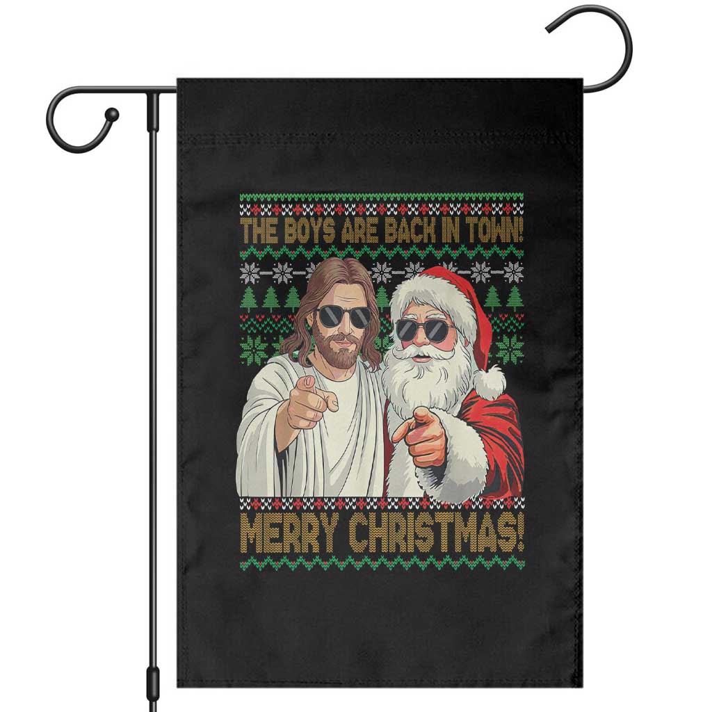 The Boys Are Back in Town Funny Christmas Garden Flag Cool Santa and Jesus Holiday Humor - Wonder Print Shop