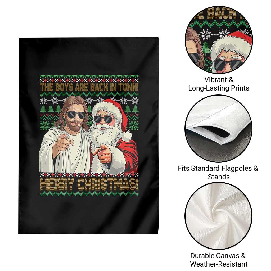The Boys Are Back in Town Funny Christmas Garden Flag Cool Santa and Jesus Holiday Humor - Wonder Print Shop