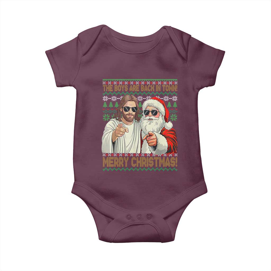 The Boys Are Back in Town Funny Christmas Baby Onesie Cool Santa and Jesus Holiday Humor - Wonder Print Shop