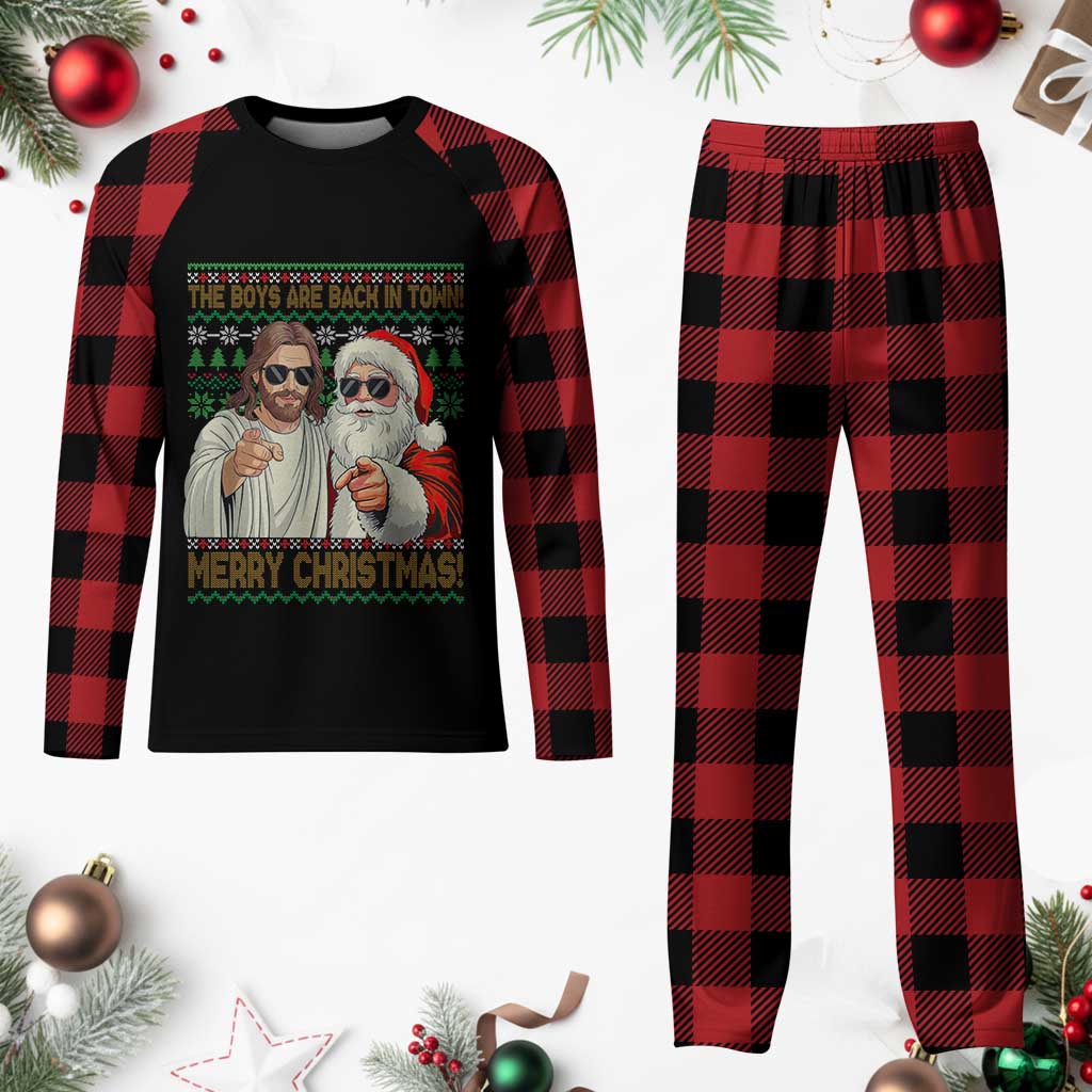 The Boys Are Back in Town Funny Christmas Plaid Pajama Set Cool Santa and Jesus Holiday Humor - Wonder Print Shop