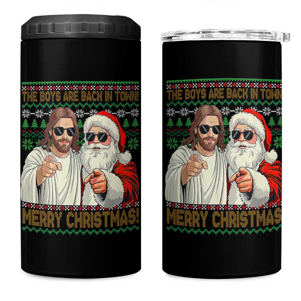 The Boys Are Back in Town Funny Christmas 4 in 1 Can Cooler Tumbler Cool Santa and Jesus Holiday Humor - Wonder Print Shop