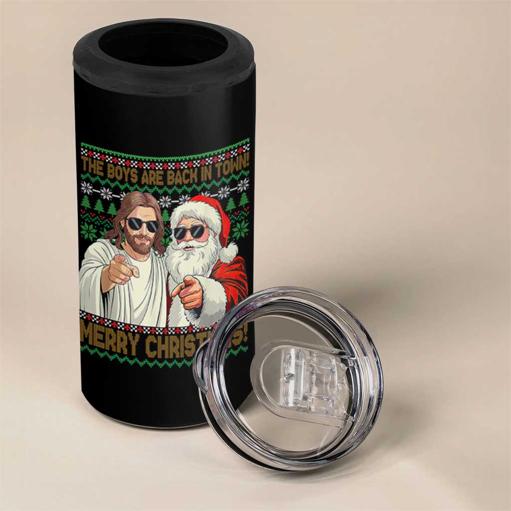 The Boys Are Back in Town Funny Christmas 4 in 1 Can Cooler Tumbler Cool Santa and Jesus Holiday Humor - Wonder Print Shop