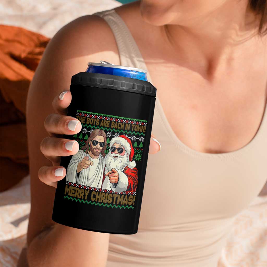 The Boys Are Back in Town Funny Christmas 4 in 1 Can Cooler Tumbler Cool Santa and Jesus Holiday Humor - Wonder Print Shop