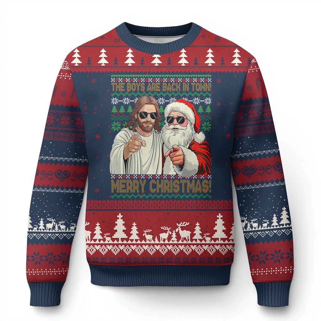 The Boys Are Back in Town Funny Xmas Ugly Christmas Sweater Cool Santa and Jesus Holiday Humor - Wonder Print Shop