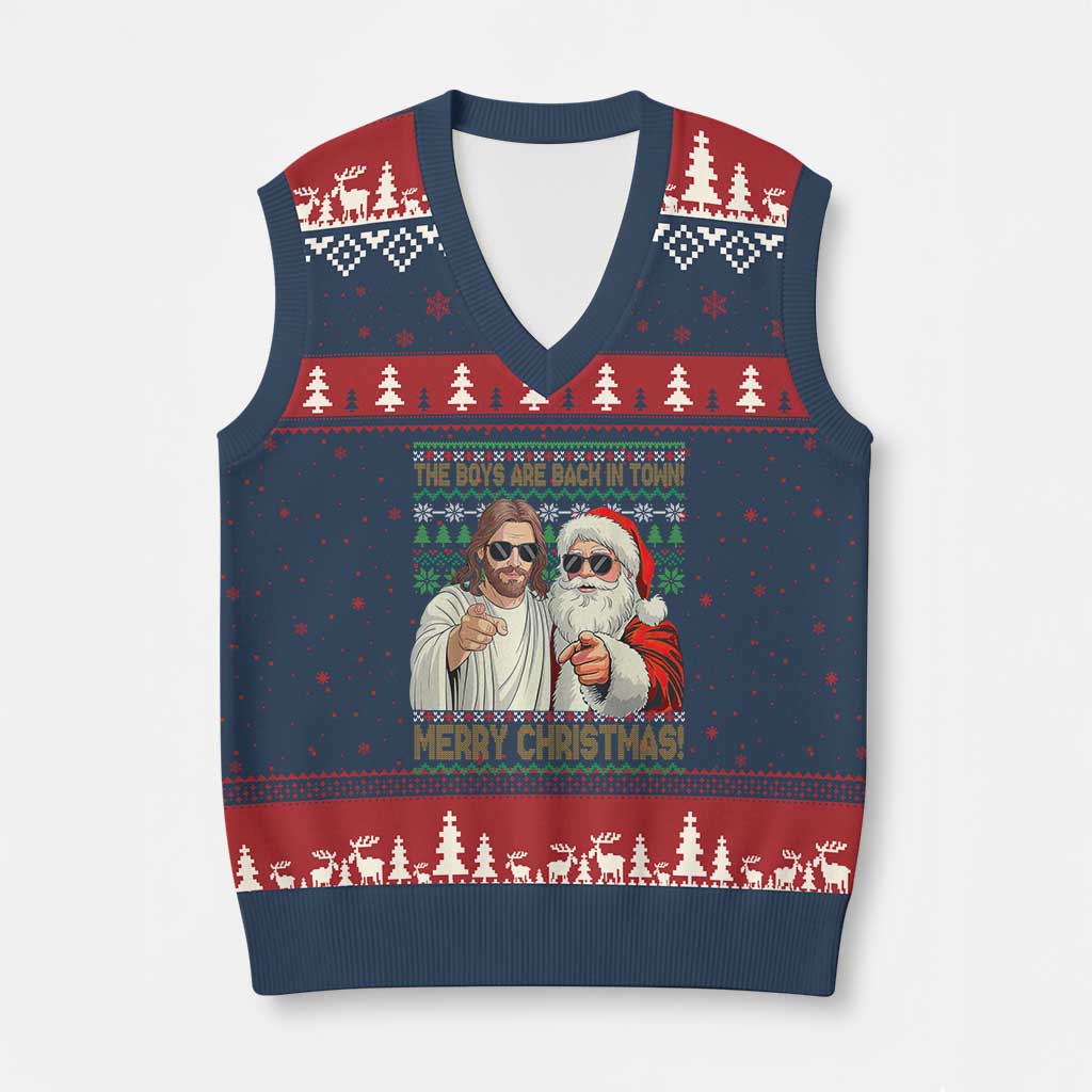 The Boys Are Back in Town Funny Xmas V-Neck Knit Sweater Vest Cool Santa and Jesus Holiday Humor - Wonder Print Shop