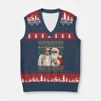 The Boys Are Back in Town Funny Xmas V-Neck Knit Sweater Vest Cool Santa and Jesus Holiday Humor - Wonder Print Shop
