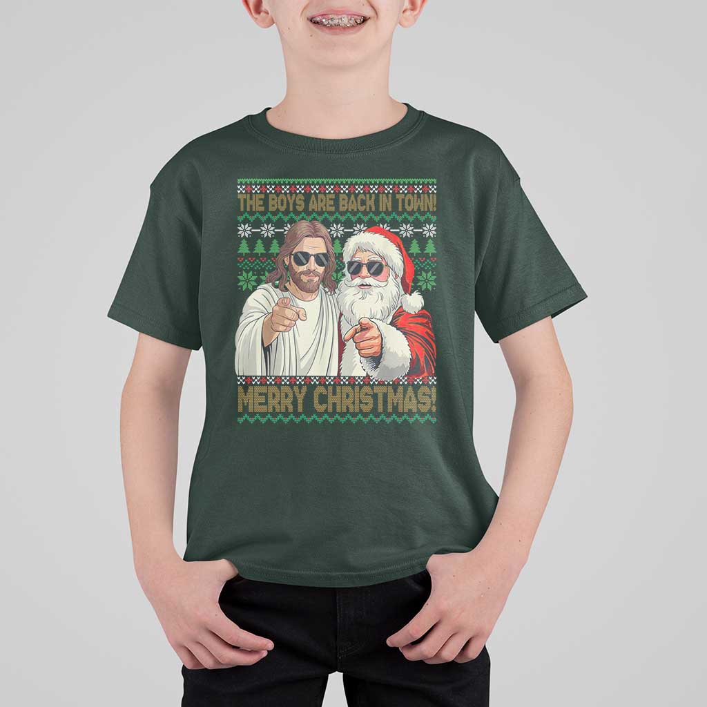 The Boys Are Back in Town Funny Christmas T Shirt For Kid Cool Santa and Jesus Holiday Humor - Wonder Print Shop