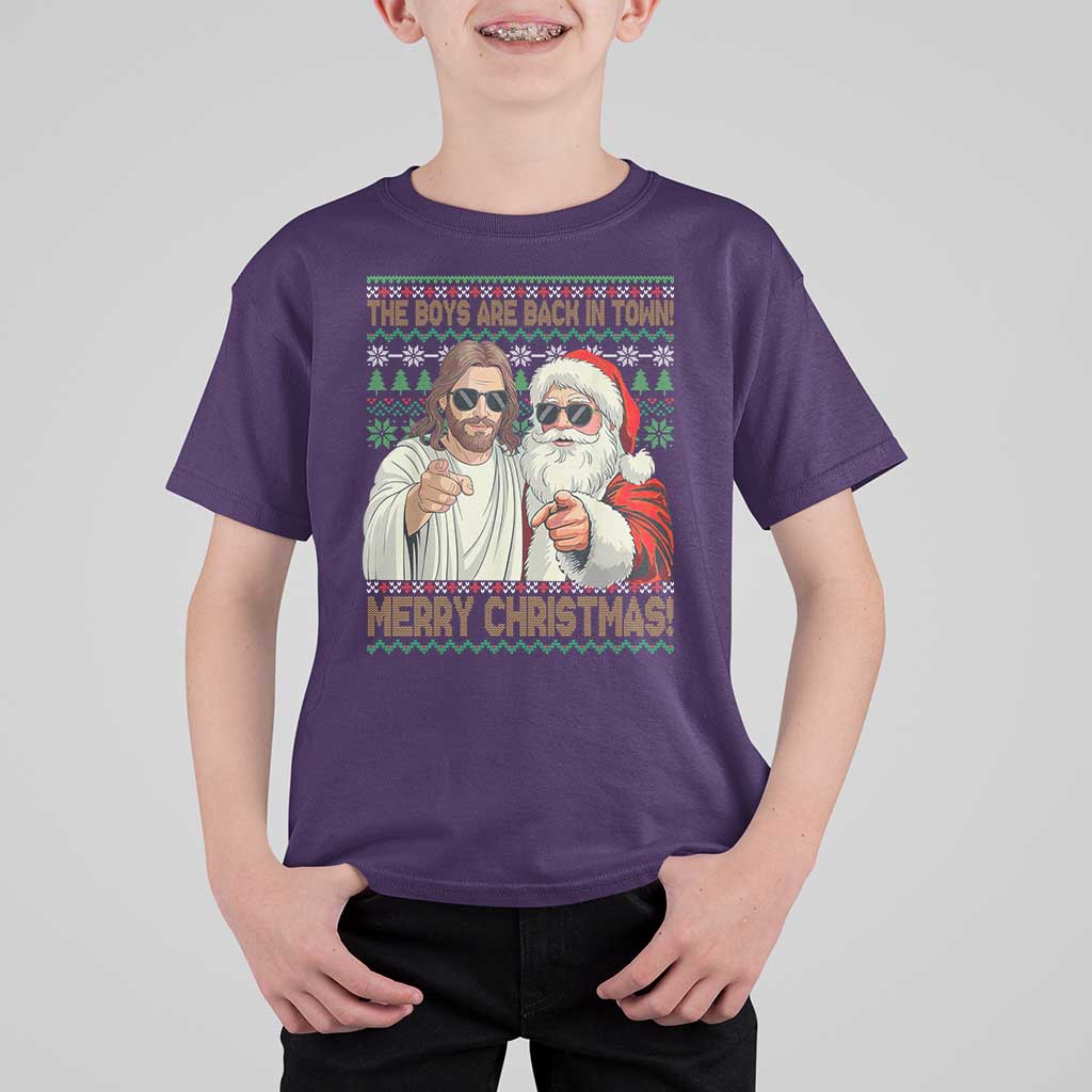 The Boys Are Back in Town Funny Christmas T Shirt For Kid Cool Santa and Jesus Holiday Humor - Wonder Print Shop