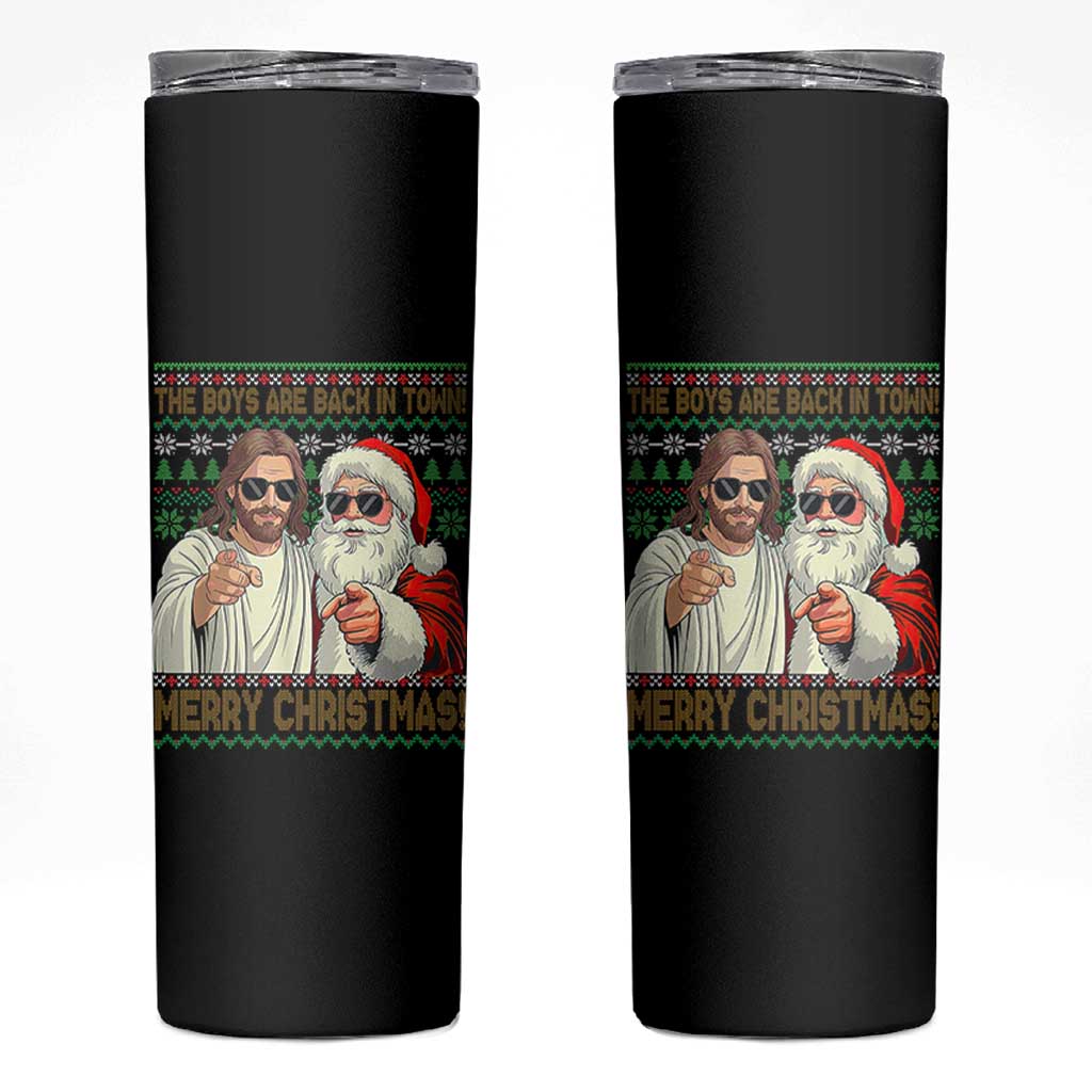 The Boys Are Back in Town Funny Christmas Skinny Tumbler Cool Santa and Jesus Holiday Humor - Wonder Print Shop