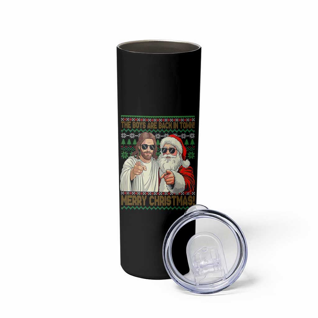 The Boys Are Back in Town Funny Christmas Skinny Tumbler Cool Santa and Jesus Holiday Humor - Wonder Print Shop