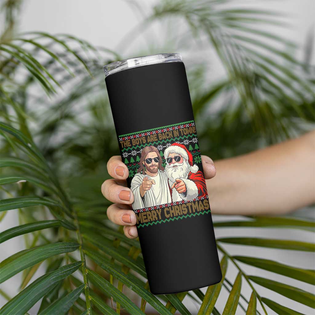The Boys Are Back in Town Funny Christmas Skinny Tumbler Cool Santa and Jesus Holiday Humor - Wonder Print Shop