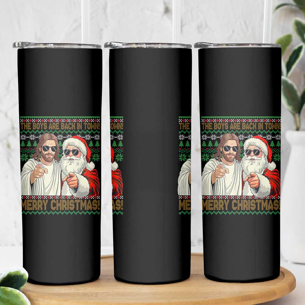The Boys Are Back in Town Funny Christmas Skinny Tumbler Cool Santa and Jesus Holiday Humor - Wonder Print Shop