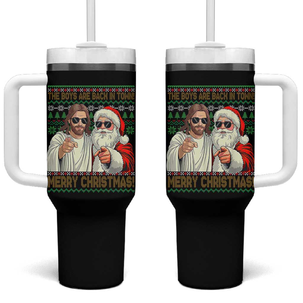 The Boys Are Back in Town Funny Christmas Tumbler With Handle Cool Santa and Jesus Holiday Humor - Wonder Print Shop