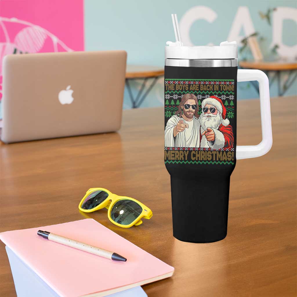 The Boys Are Back in Town Funny Christmas Tumbler With Handle Cool Santa and Jesus Holiday Humor - Wonder Print Shop