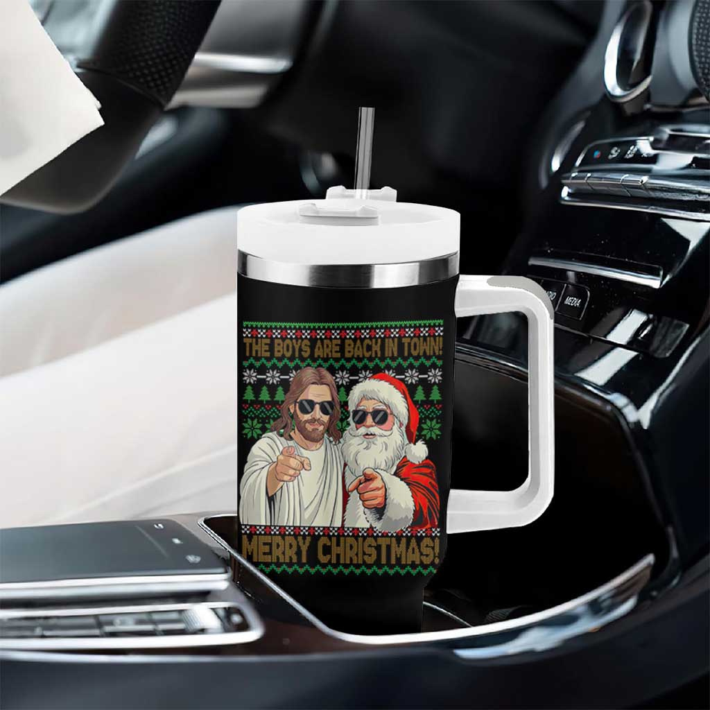 The Boys Are Back in Town Funny Christmas Tumbler With Handle Cool Santa and Jesus Holiday Humor - Wonder Print Shop