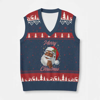 Merry Xmas Black Santa Claus V-Neck Knit Sweater Vest Retro Nostalgic Festive Holiday - Wonder Print Shop