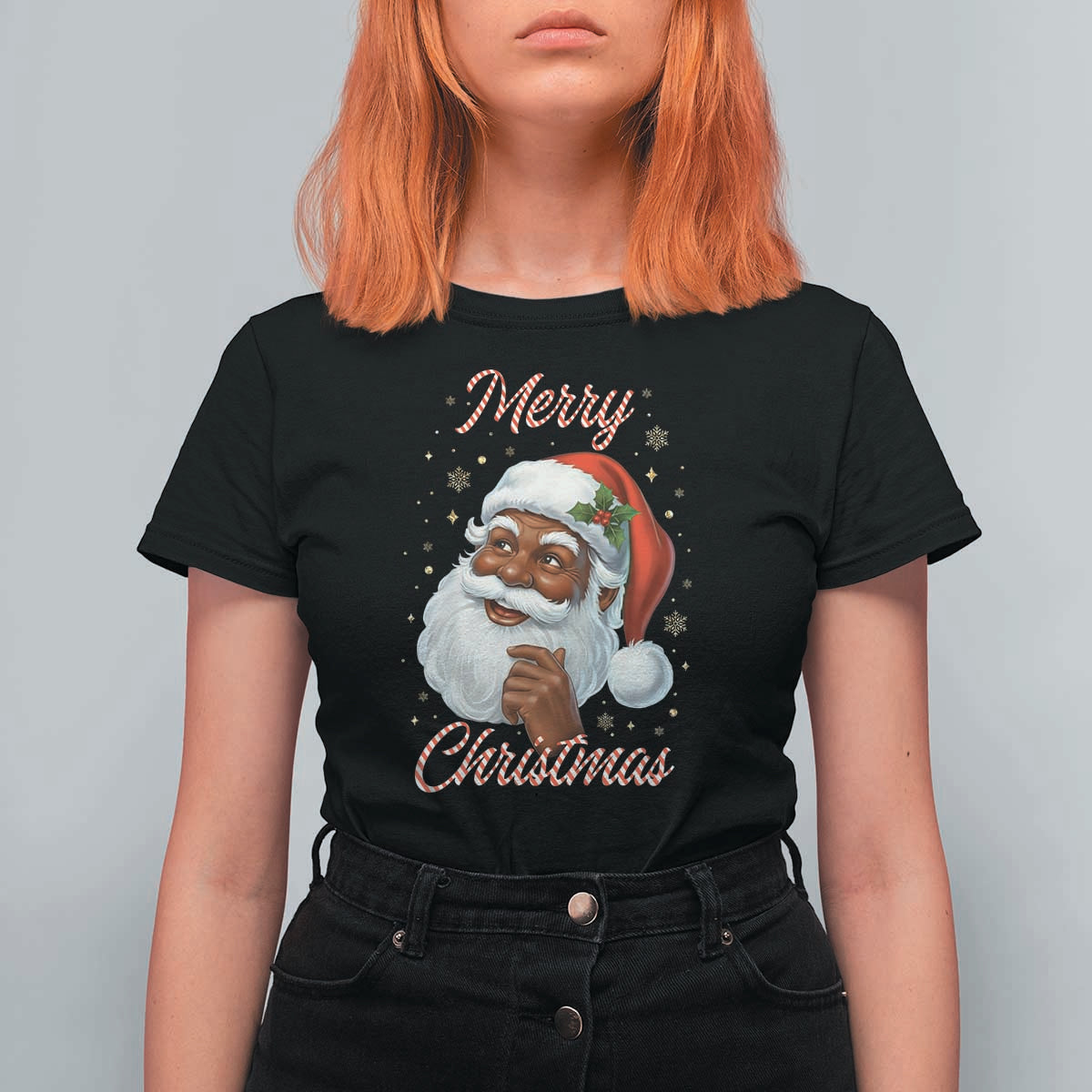 Merry Christmas Black Santa Claus T Shirt For Women Retro Nostalgic Festive Holiday - Wonder Print Shop