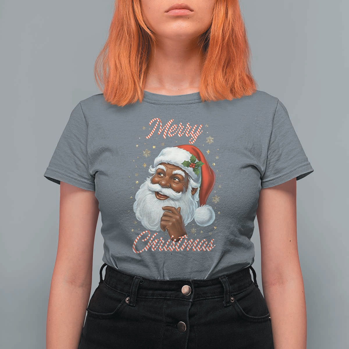 Merry Christmas Black Santa Claus T Shirt For Women Retro Nostalgic Festive Holiday - Wonder Print Shop