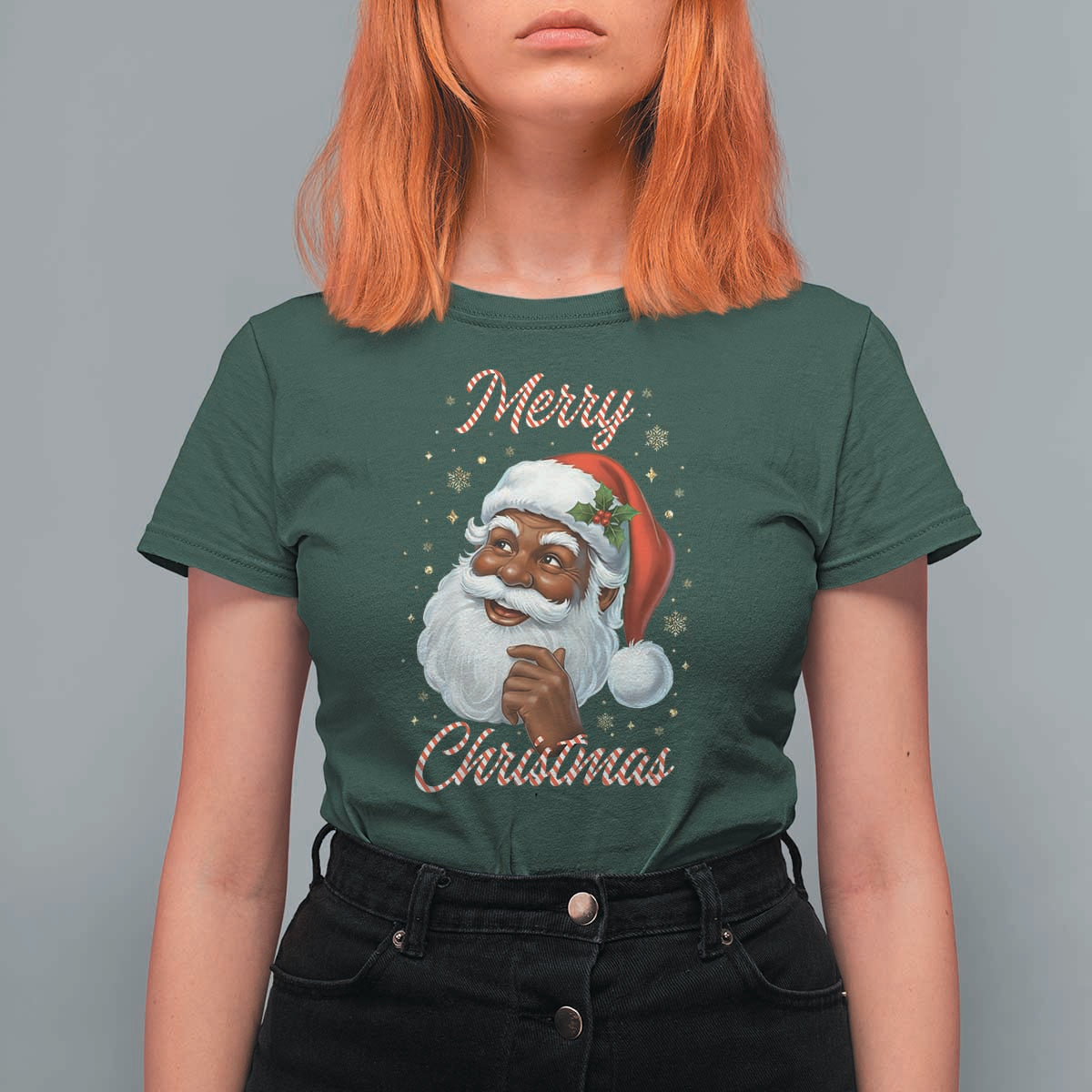 Merry Christmas Black Santa Claus T Shirt For Women Retro Nostalgic Festive Holiday - Wonder Print Shop