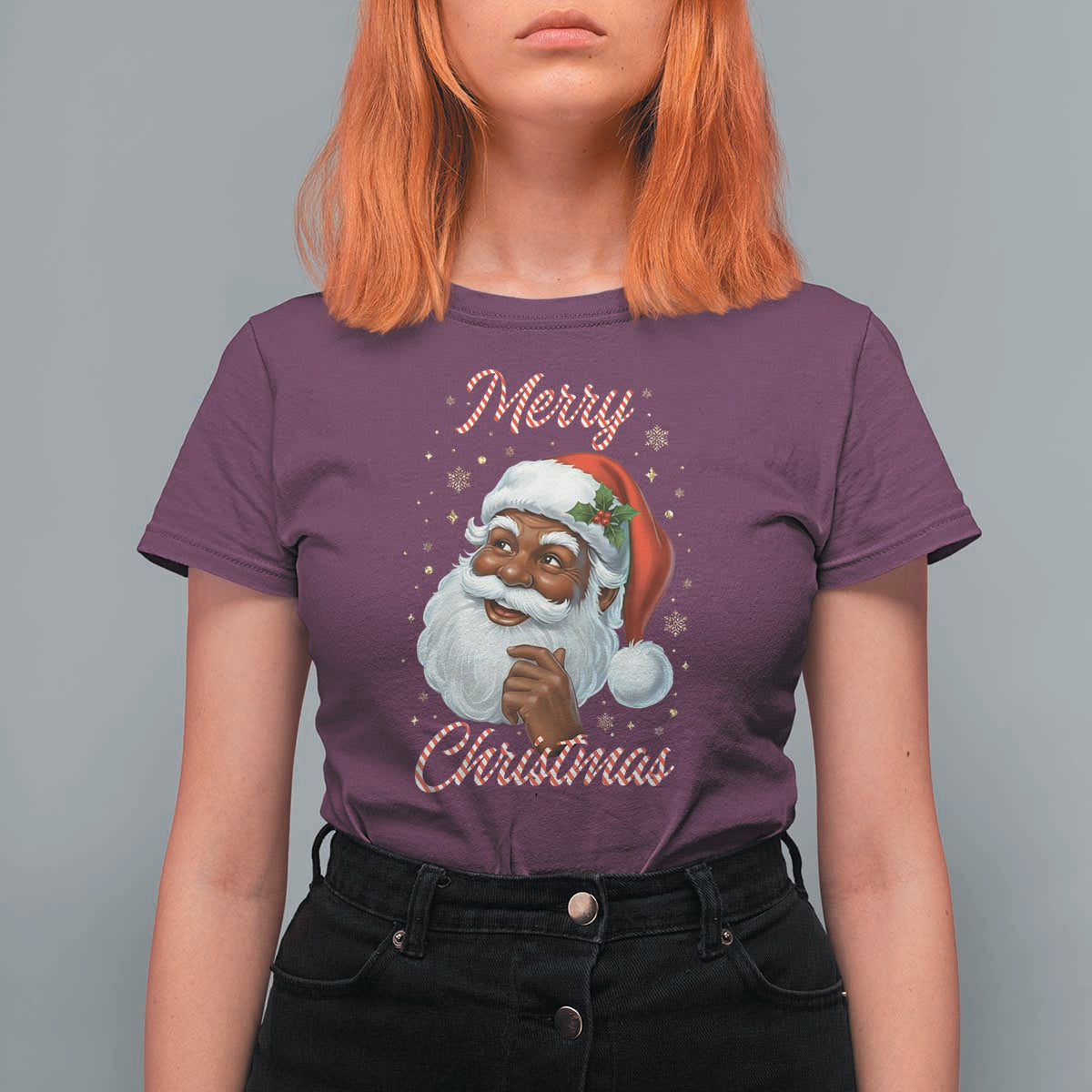 Merry Christmas Black Santa Claus T Shirt For Women Retro Nostalgic Festive Holiday - Wonder Print Shop