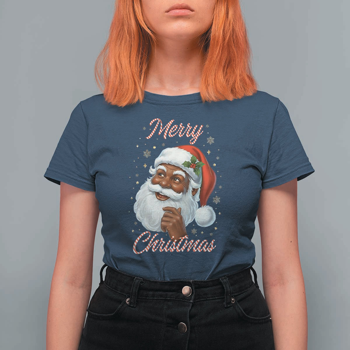 Merry Christmas Black Santa Claus T Shirt For Women Retro Nostalgic Festive Holiday - Wonder Print Shop