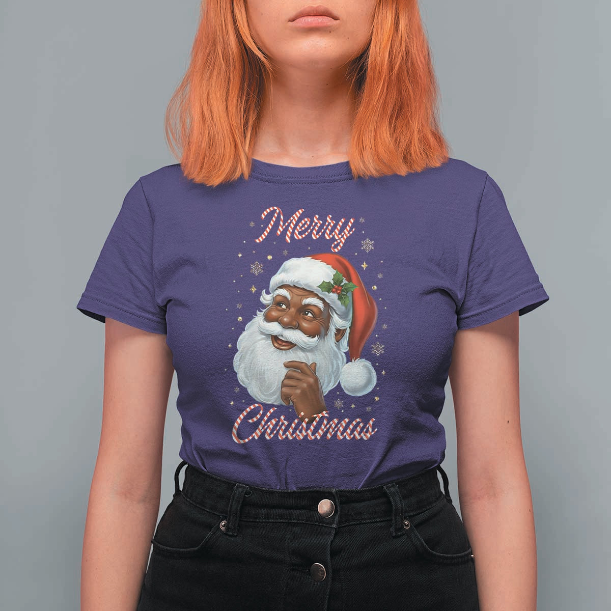 Merry Christmas Black Santa Claus T Shirt For Women Retro Nostalgic Festive Holiday - Wonder Print Shop