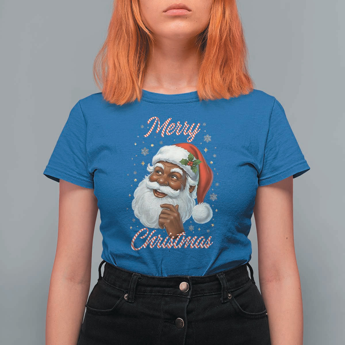 Merry Christmas Black Santa Claus T Shirt For Women Retro Nostalgic Festive Holiday - Wonder Print Shop