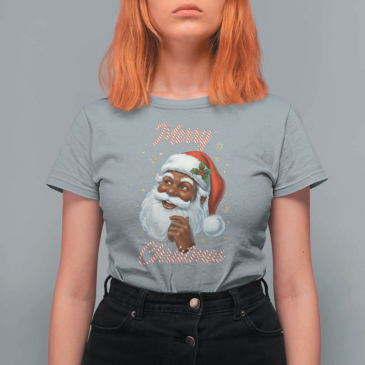 Merry Christmas Black Santa Claus T Shirt For Women Retro Nostalgic Festive Holiday - Wonder Print Shop