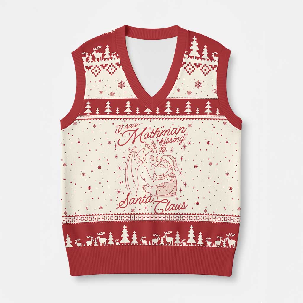 I Saw Mothman Kissing Santa Claus V-Neck Knit Sweater Vest Funny Cryptid Xmas Gag Gift - Wonder Print Shop