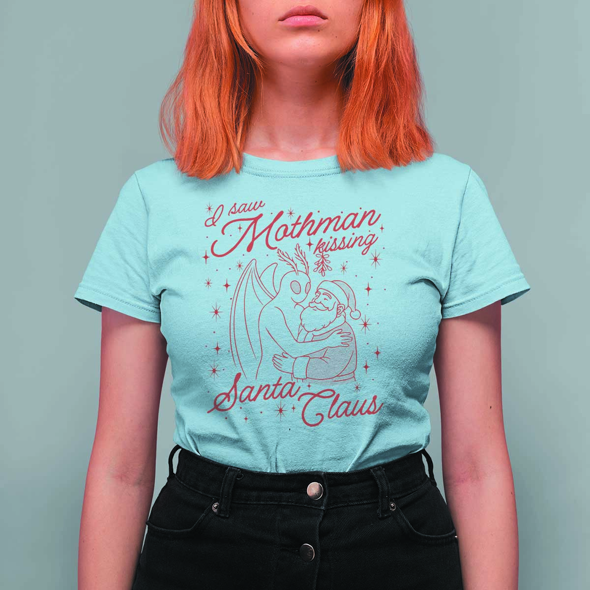I Saw Mothman Kissing Santa Claus T Shirt For Women Funny Cryptid Christmas Gag Gift - Wonder Print Shop