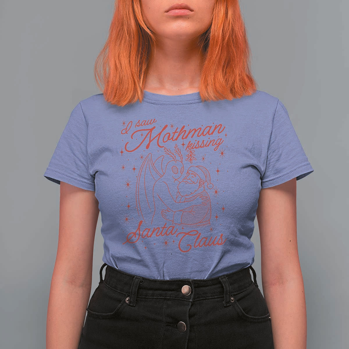 I Saw Mothman Kissing Santa Claus T Shirt For Women Funny Cryptid Christmas Gag Gift - Wonder Print Shop