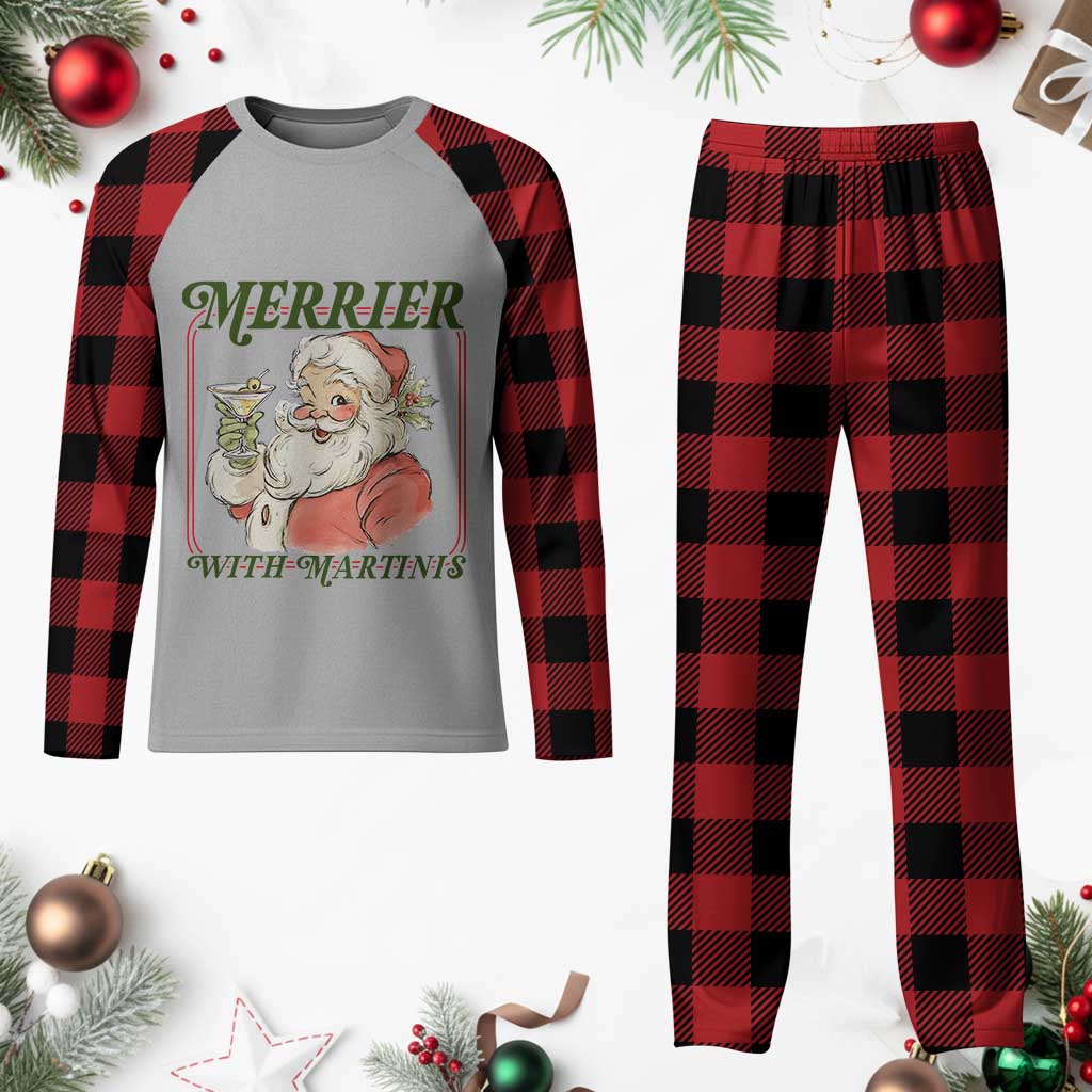 Merrier With Martinis Plaid Pajama Set Funny Retro Santa Christmas Cocktail Lover - Wonder Print Shop