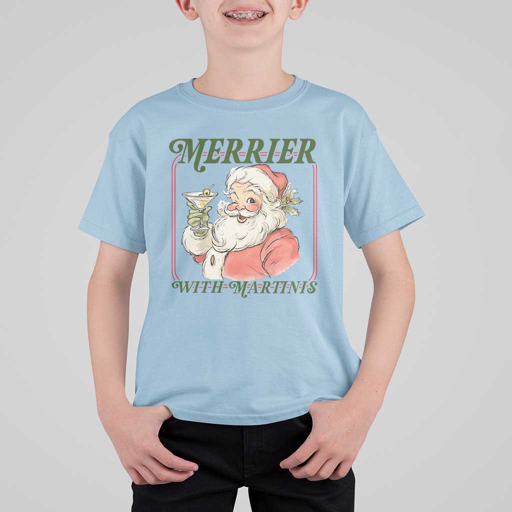 Merrier With Martinis T Shirt For Kid Funny Retro Santa Christmas Cocktail Lover - Wonder Print Shop
