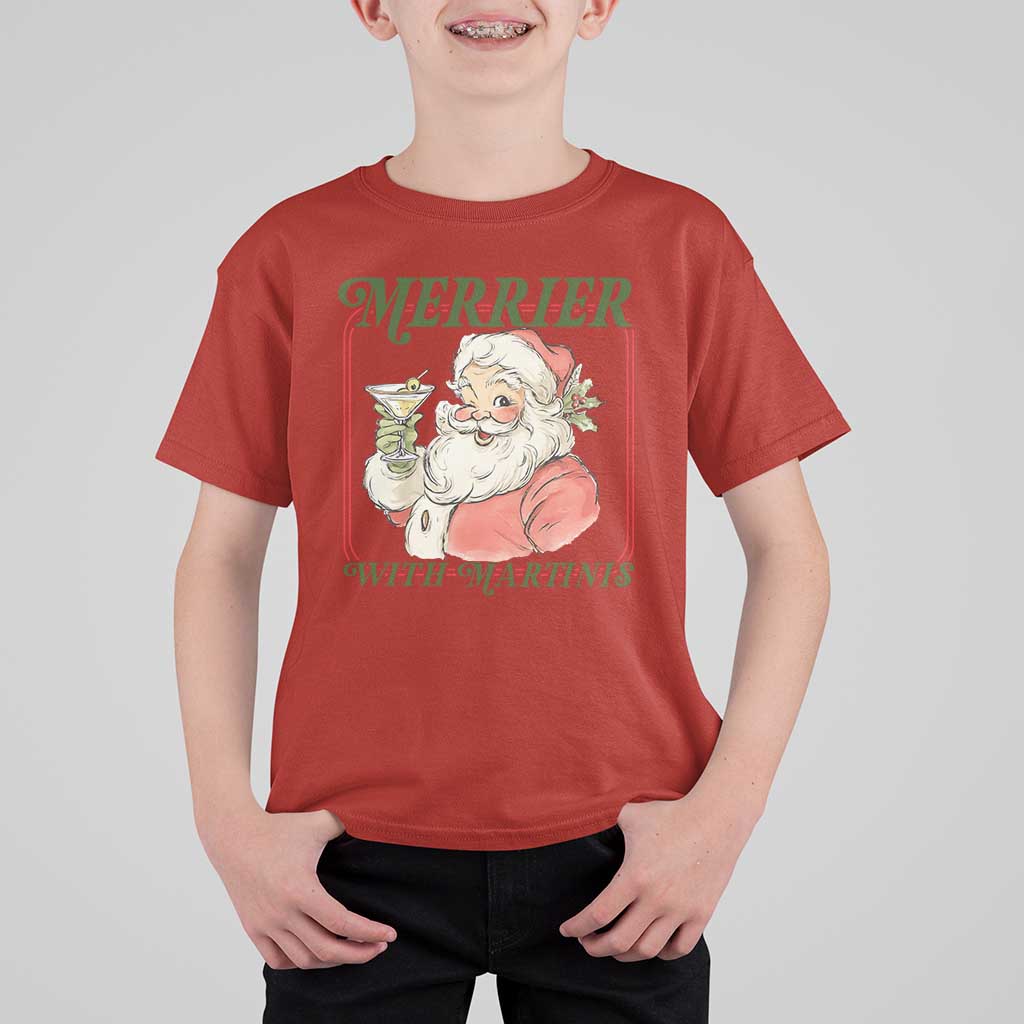 Merrier With Martinis T Shirt For Kid Funny Retro Santa Christmas Cocktail Lover - Wonder Print Shop