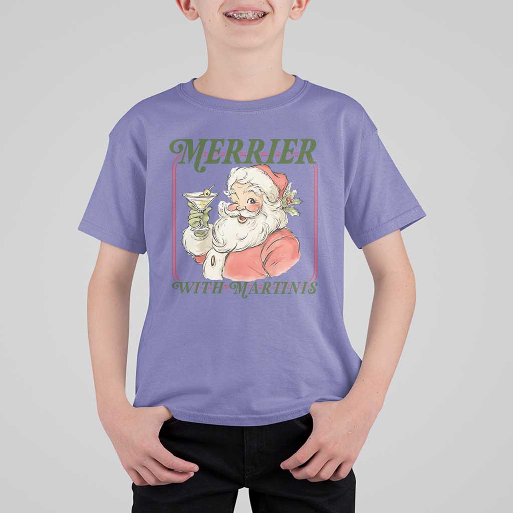 Merrier With Martinis T Shirt For Kid Funny Retro Santa Christmas Cocktail Lover - Wonder Print Shop
