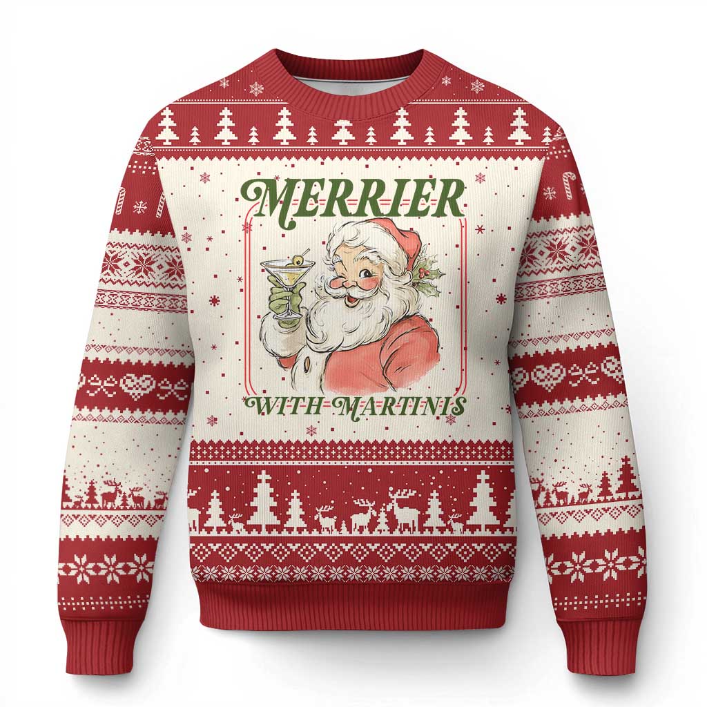 Merrier With Martinis Ugly Christmas Sweater Funny Retro Santa Xmas Cocktail Lover - Wonder Print Shop