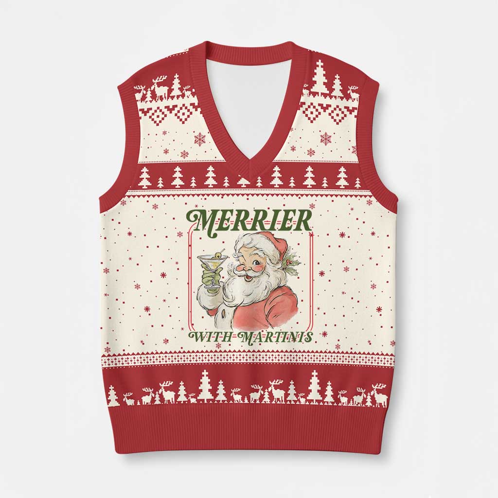 Merrier With Martinis V-Neck Knit Sweater Vest Funny Retro Santa Xmas Cocktail Lover - Wonder Print Shop