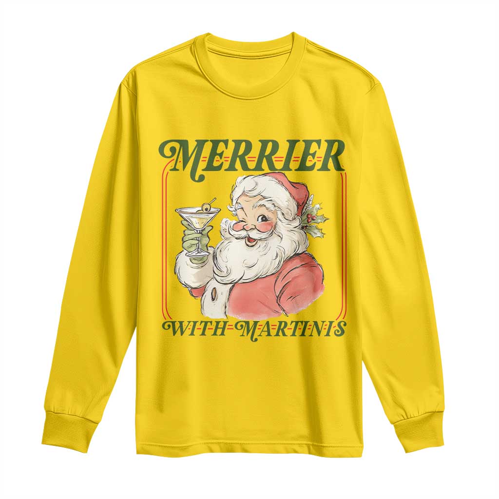 Merrier With Martinis Long Sleeve Shirt Funny Retro Santa Christmas Cocktail Lover - Wonder Print Shop