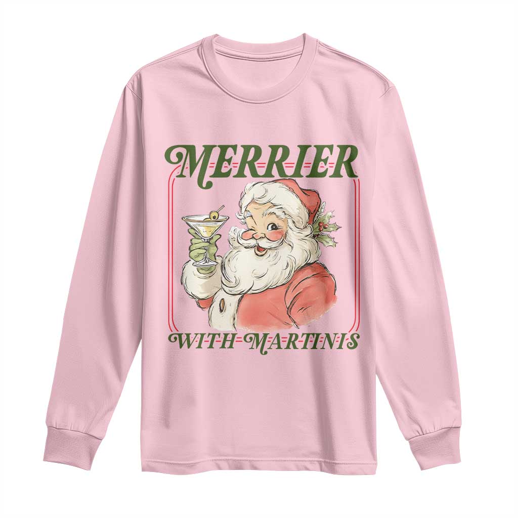Merrier With Martinis Long Sleeve Shirt Funny Retro Santa Christmas Cocktail Lover - Wonder Print Shop