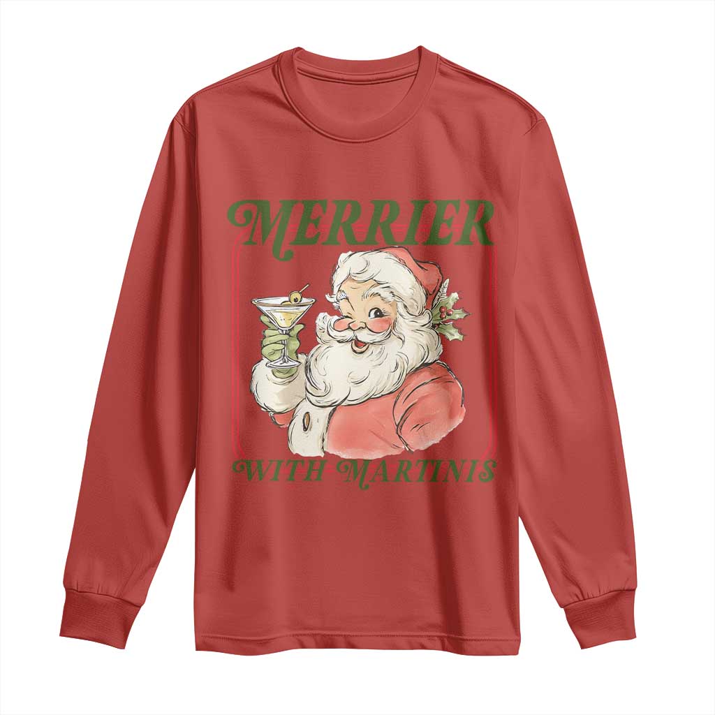 Merrier With Martinis Long Sleeve Shirt Funny Retro Santa Christmas Cocktail Lover - Wonder Print Shop