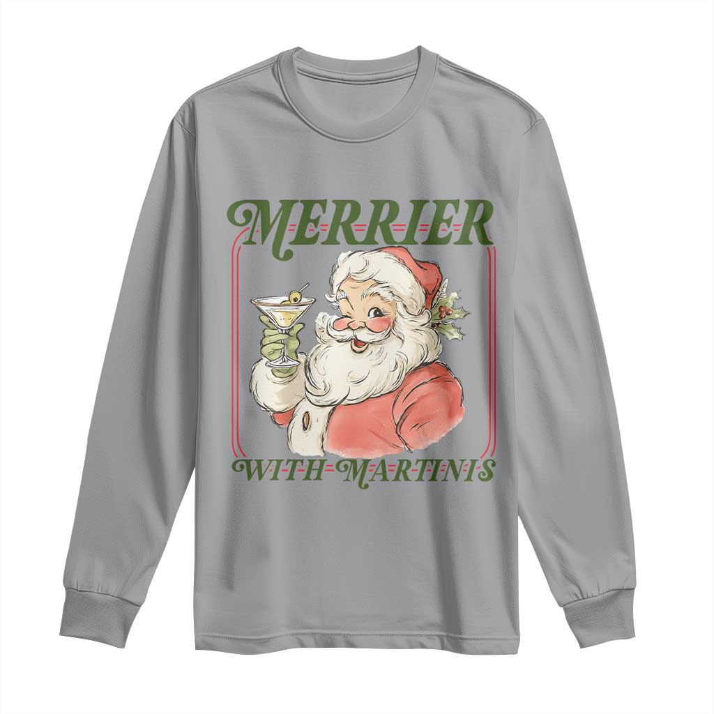 Merrier With Martinis Long Sleeve Shirt Funny Retro Santa Christmas Cocktail Lover - Wonder Print Shop