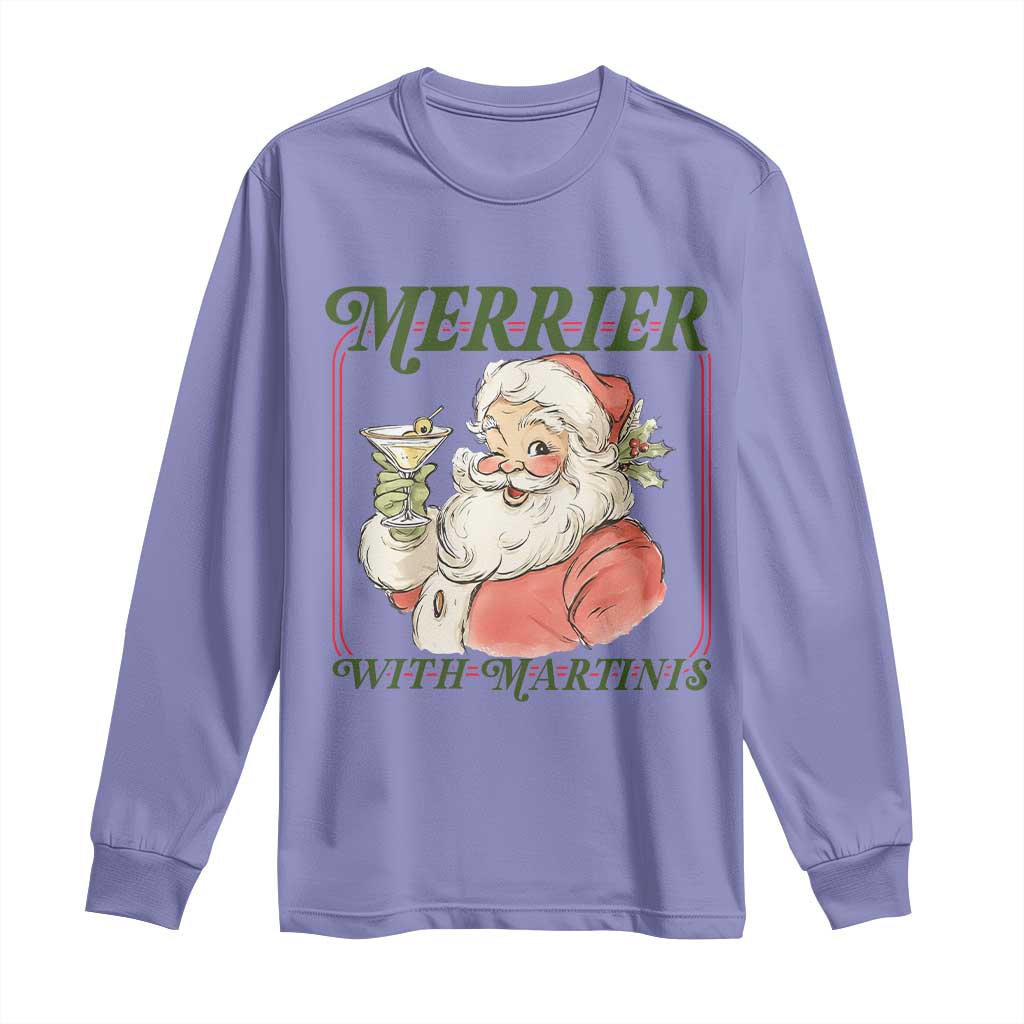 Merrier With Martinis Long Sleeve Shirt Funny Retro Santa Christmas Cocktail Lover - Wonder Print Shop
