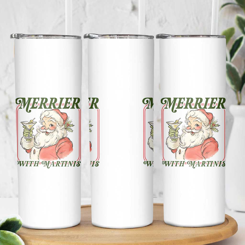 Merrier With Martinis Skinny Tumbler Funny Retro Santa Christmas Cocktail Lover - Wonder Print Shop