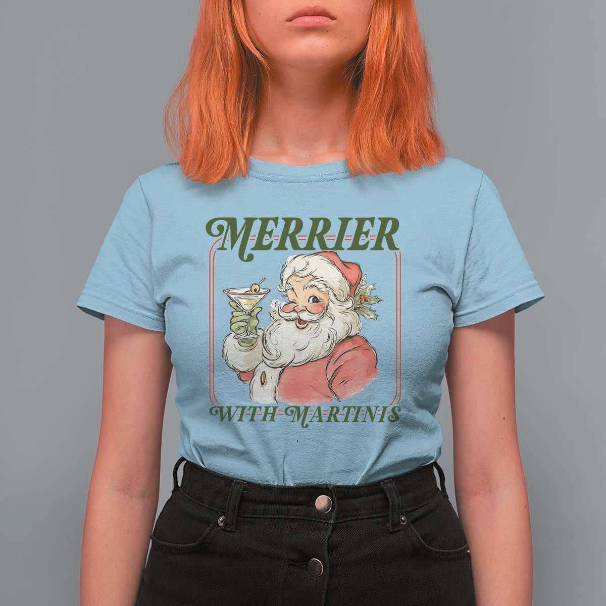 Merrier With Martinis T Shirt For Women Funny Retro Santa Christmas Cocktail Lover - Wonder Print Shop