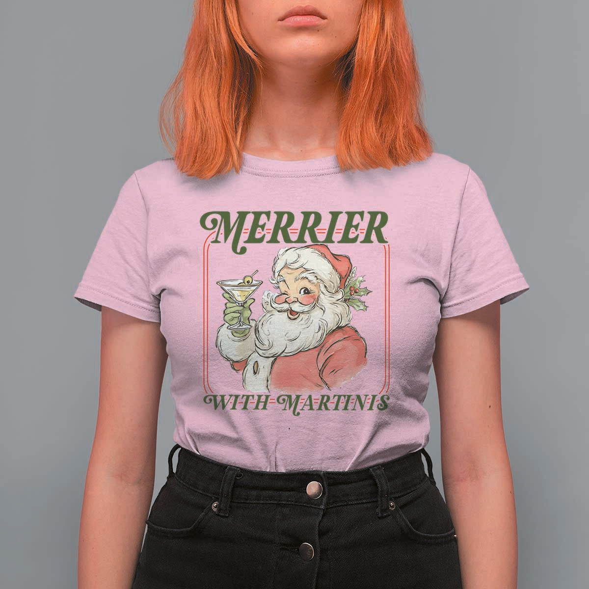 Merrier With Martinis T Shirt For Women Funny Retro Santa Christmas Cocktail Lover - Wonder Print Shop