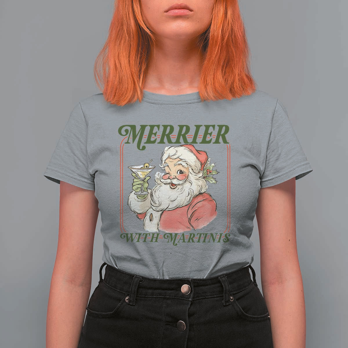 Merrier With Martinis T Shirt For Women Funny Retro Santa Christmas Cocktail Lover - Wonder Print Shop