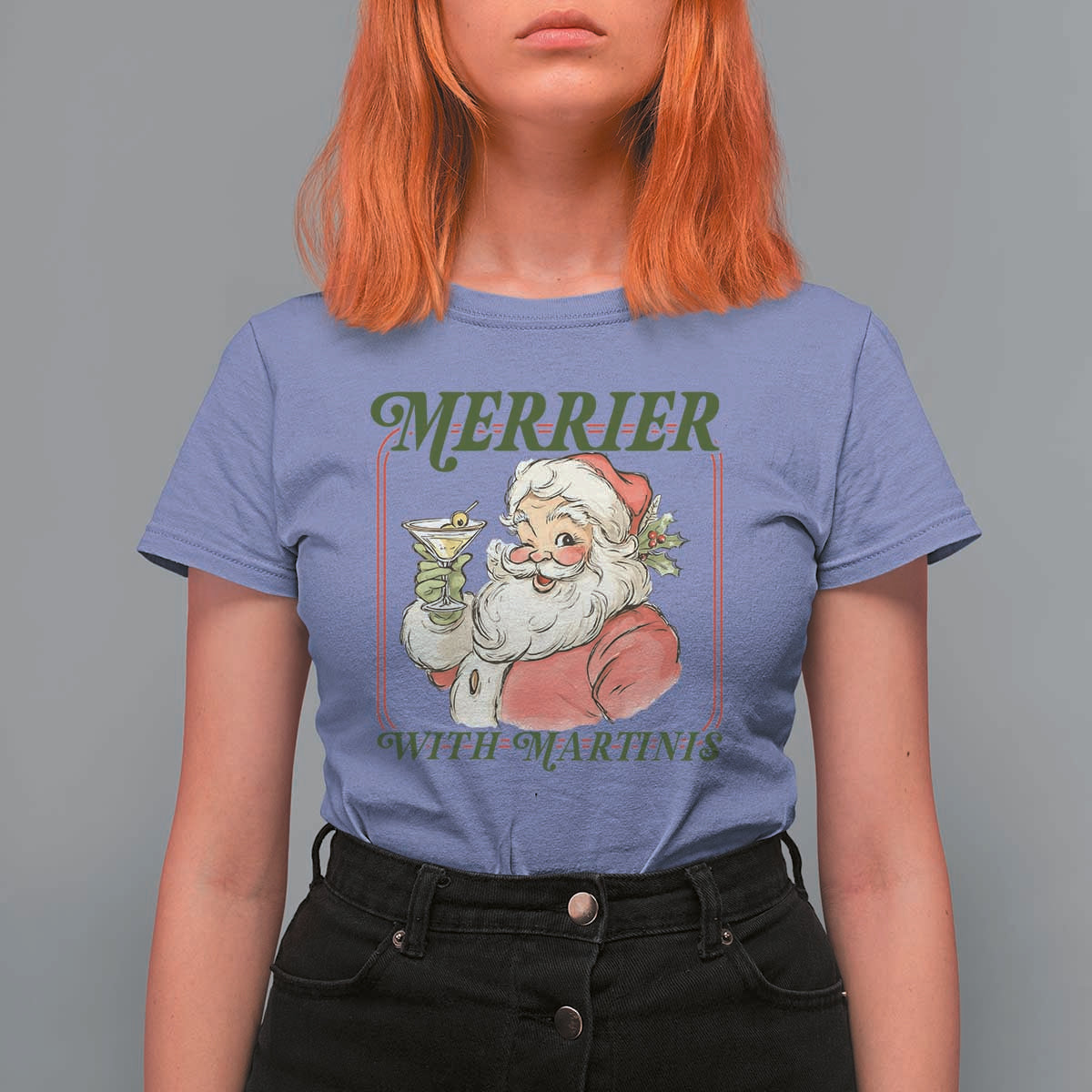 Merrier With Martinis T Shirt For Women Funny Retro Santa Christmas Cocktail Lover - Wonder Print Shop